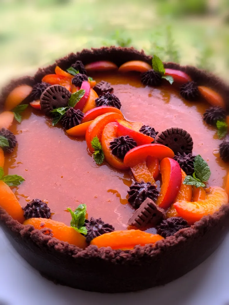 Crostata al cacao con crema, spicchi di albicocca e pesca, menta e decori di cioccolato